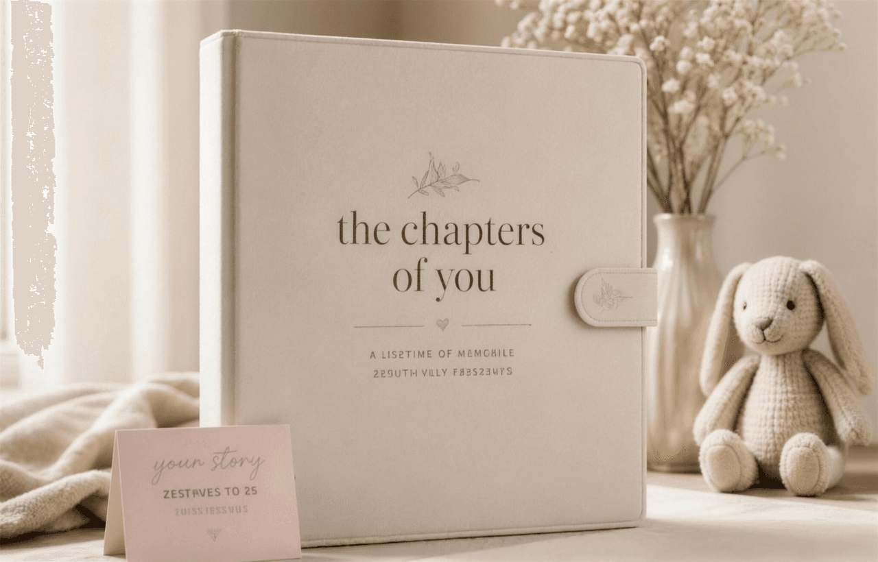 The linen-bound keepsake book and matching binder, styled at home with flowers